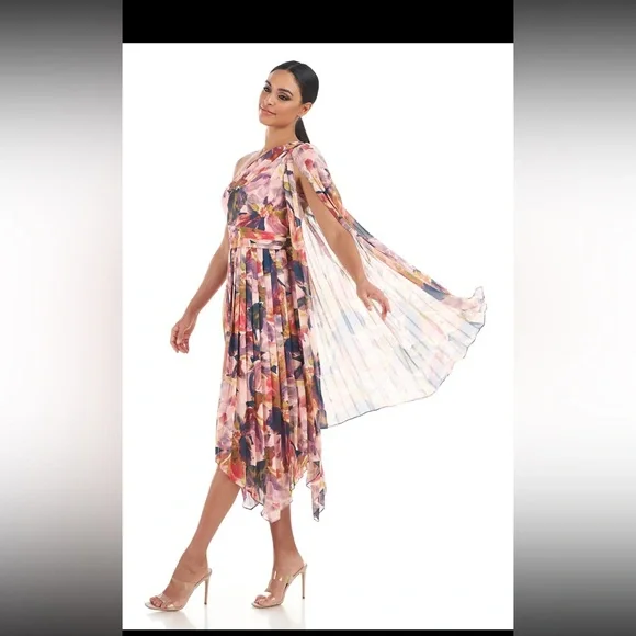 Kay Unger Lilah Tea Length Floral One-Shoulder Dress - Picture 5 of 12